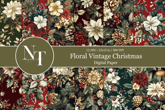 Download Floral Vintage Christmas Digital Paper - Digital Collection