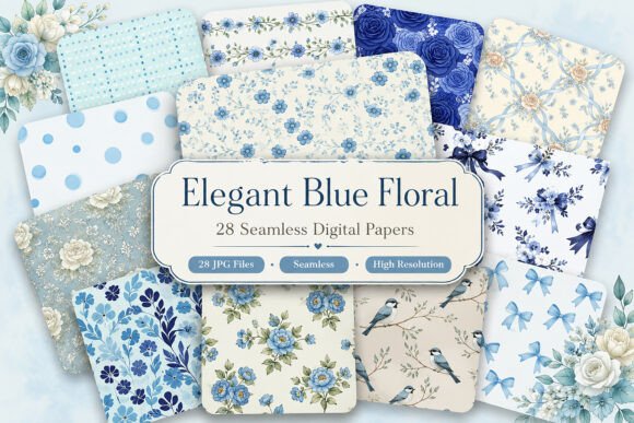 Download Elegant Blue Floral Digital Patterns - Digital Collection