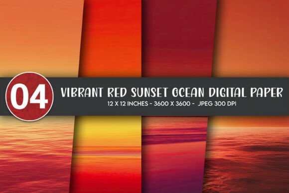 Download Vibrant Red Sunset Ocean Digital Paper - Digital Collection